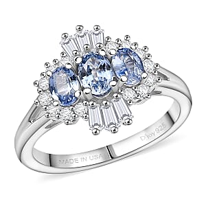 D'Joy Premium Ceylon Blue Sapphire and Moissanite 1.00 ctw Regal Burst Ring in Rhodium Over Sterling Silver (Size 5.0)
