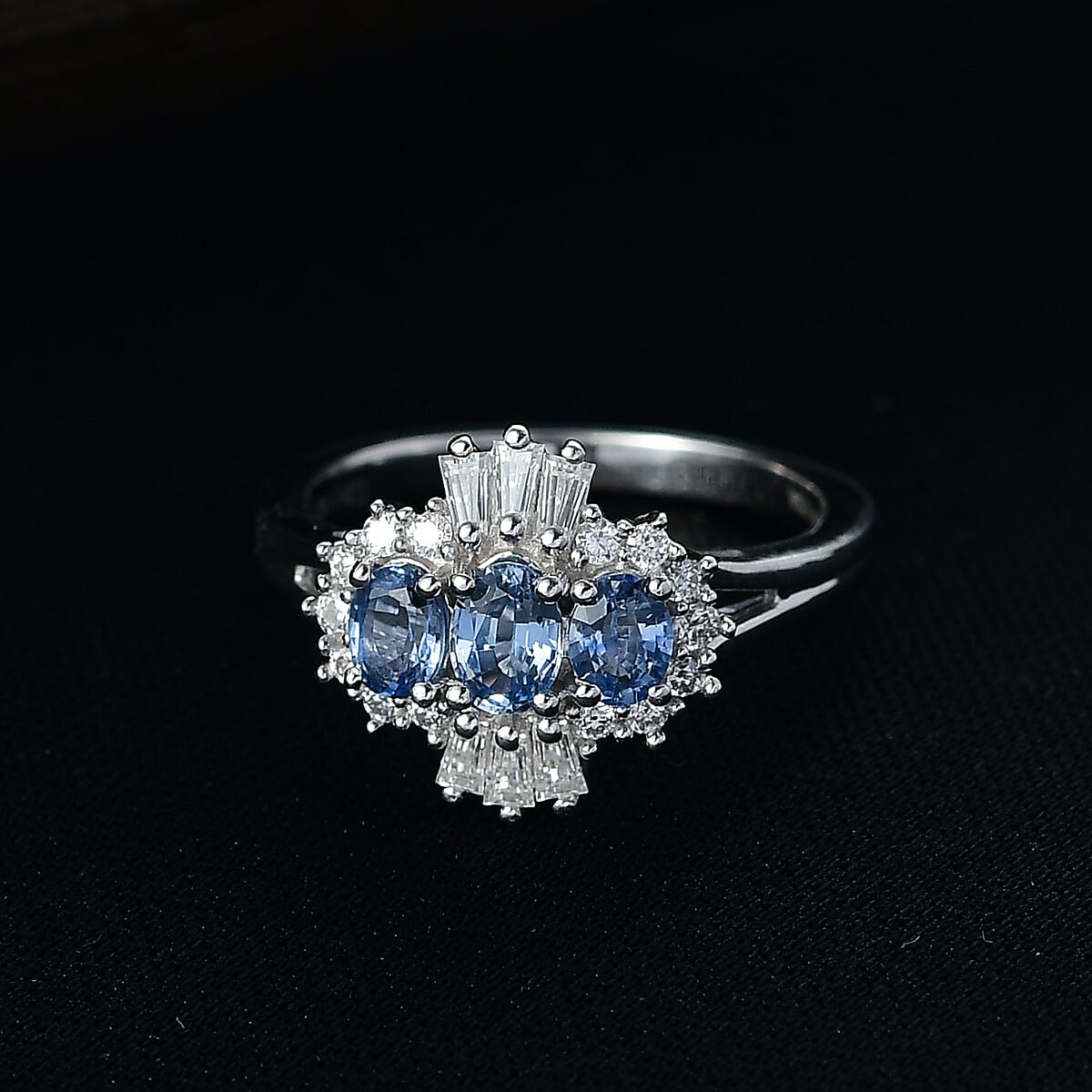 D'Joy Premium Ceylon Blue Sapphire and Moissanite 1.00 ctw Regal Burst Ring in Rhodium Over Sterling Silver (Size 5.0) image number 1