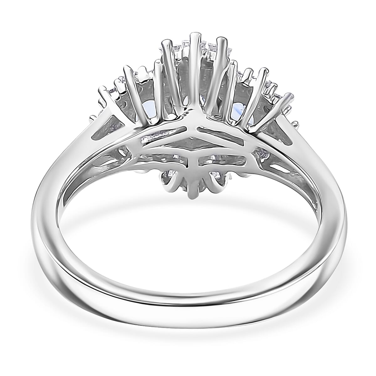 D'Joy Premium Ceylon Blue Sapphire and Moissanite 1.00 ctw Regal Burst Ring in Rhodium Over Sterling Silver (Size 5.0) image number 4