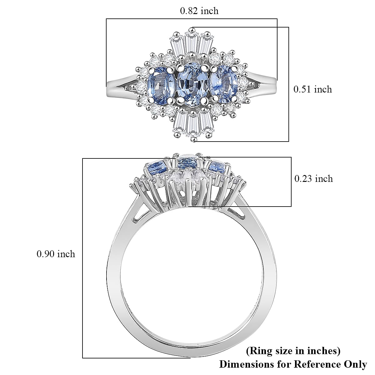 D'Joy Premium Ceylon Blue Sapphire and Moissanite 1.00 ctw Regal Burst Ring in Rhodium Over Sterling Silver (Size 5.0) image number 5