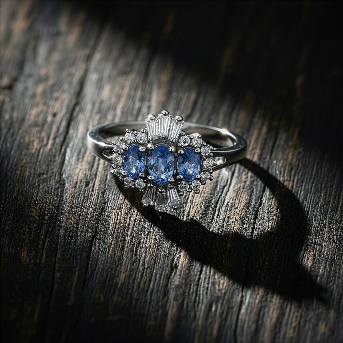 D'Joy Premium Ceylon Blue Sapphire and Moissanite 1.00 ctw Regal Burst Ring in Rhodium Over Sterling Silver (Size 7.0) image number 1