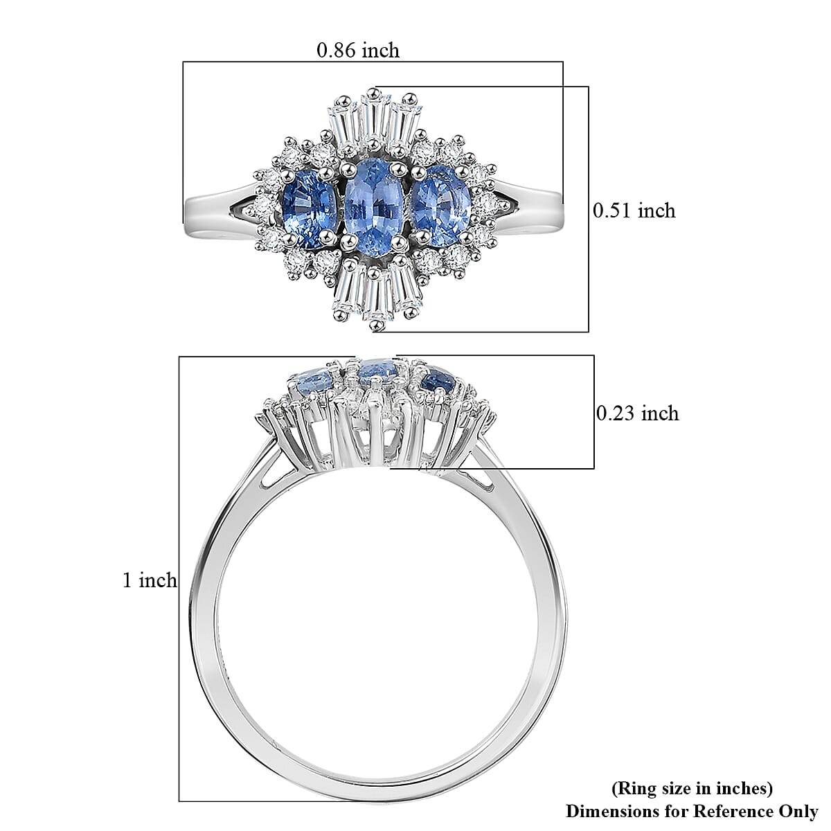 D'Joy Premium Ceylon Blue Sapphire and Moissanite 1.00 ctw Regal Burst Ring in Rhodium Over Sterling Silver (Size 7.0) image number 5
