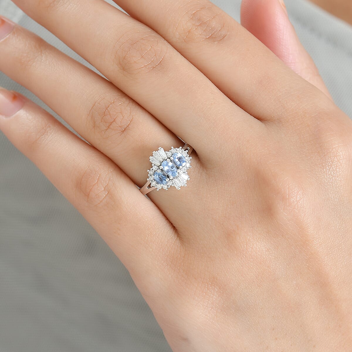 D'Joy Premium Ceylon Blue Sapphire and Moissanite 1.00 ctw Regal Burst Ring in Rhodium Over Sterling Silver (Size 9.0) image number 2