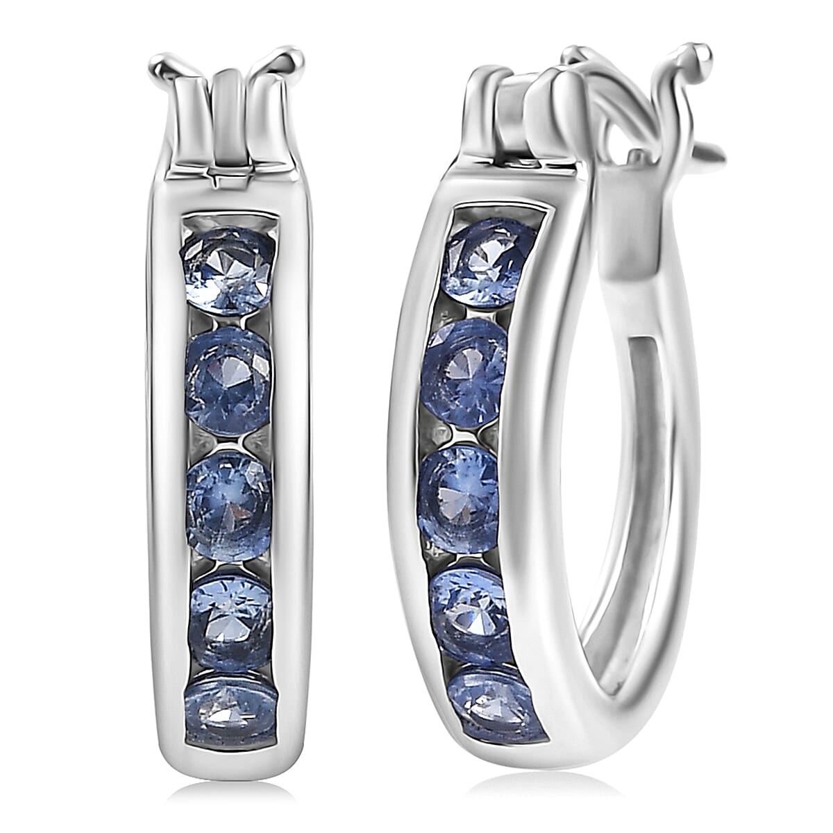 D'Joy Premium Ceylon Blue Sapphire 0.75 ctw Hoop Earrings in Rhodium Over Sterling Silver image number 0
