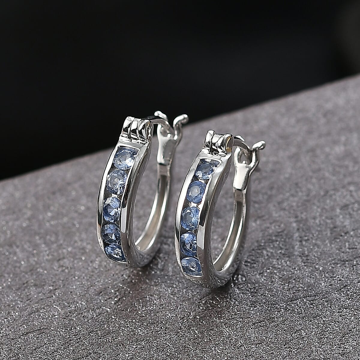 D'Joy Premium Ceylon Blue Sapphire 0.75 ctw Hoop Earrings in Rhodium Over Sterling Silver image number 1