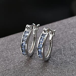 D'Joy Ceylon Blue Sapphire Hoop Earrings in Rhodium Over Sterling Silver 0.75 ctw