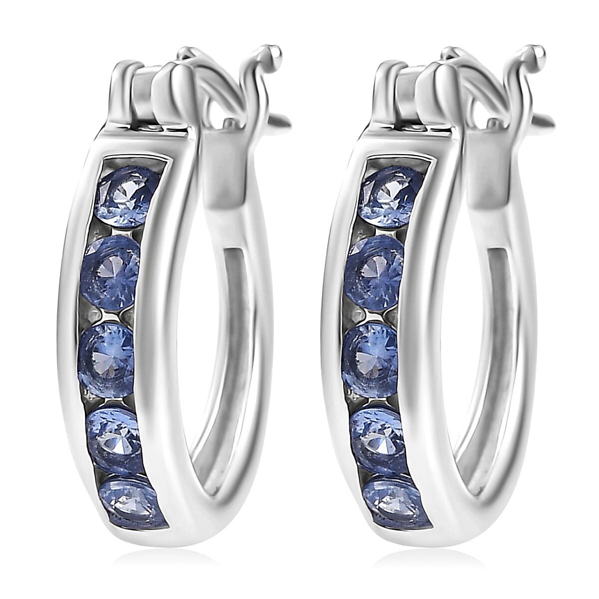 D'Joy Premium Ceylon Blue Sapphire 0.75 ctw Hoop Earrings in Rhodium Over Sterling Silver image number 3