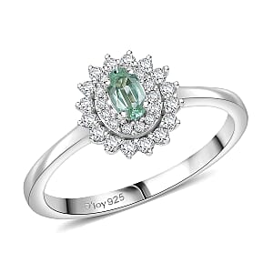 D'Joy Premium Mint Tourmaline, Moissanite Ring in Rhodium Over Sterling Silver (Size 10.0) 0.60 ctw