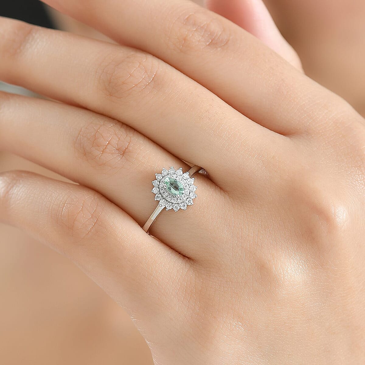 D'Joy Premium Mint Tourmaline, Moissanite Ring in Rhodium Over Sterling Silver (Size 10.0) 0.60 ctw image number 2