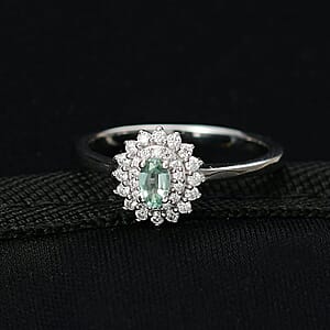 D'Joy Mint Tourmaline, Moissanite Ring in Rhodium Over Sterling Silver 0.60 ctw (Size 5.0)