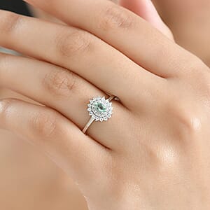 D'Joy Mint Tourmaline, Moissanite Ring in Rhodium Over Sterling Silver 0.60 ctw (Size 5.0)
