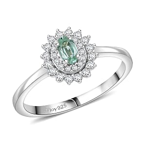D'Joy Premium Mint Tourmaline, Moissanite Ring in Rhodium Over Sterling Silver (Size 10.0) 0.60 ctw