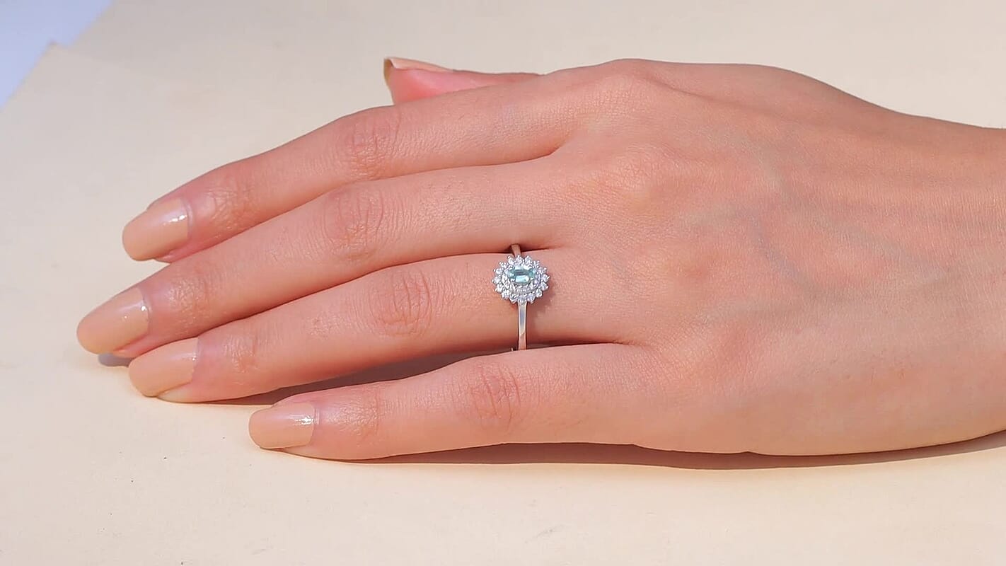 D'Joy Premium Mint Tourmaline, Moissanite Ring in Rhodium Over Sterling Silver (Size 10.0) 0.60 ctw