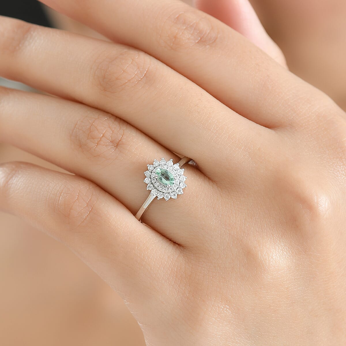 D'Joy Premium Mint Tourmaline, Moissanite Ring in Rhodium Over Sterling Silver (Size 10.0) 0.60 ctw image number 2