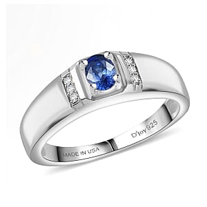 D'Joy Premium Ceylon Blue Sapphire and Moissanite 0.60 ctw Men's Ring in Rhodium Over Sterling Silver (Size 10.0)