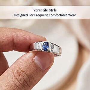D'Joy Ceylon Blue Sapphire, Moissanite Men's Ring in Rhodium Over Sterling Silver 0.50 ctw (Size 10.0)