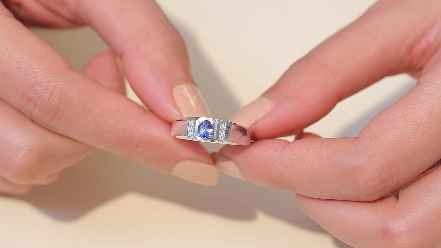 D'Joy Premium Ceylon Blue Sapphire, Moissanite Men's Ring in Rhodium Over Sterling Silver (Size 10.0) 0.60 ctw