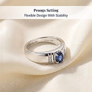 D'Joy Ceylon Blue Sapphire, Moissanite Men's Ring in Rhodium Over Sterling Silver 0.50 ctw (Size 11.0)