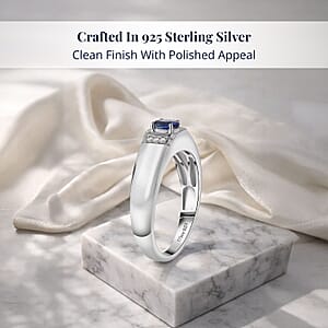 D'Joy Ceylon Blue Sapphire, Moissanite Men's Ring in Rhodium Over Sterling Silver 0.50 ctw (Size 12.0)