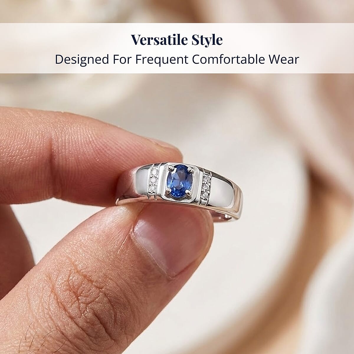 D'Joy Ceylon Blue Sapphire, Moissanite Men's Ring in Rhodium Over Sterling Silver 0.50 ctw (Size 12.0) image number 4