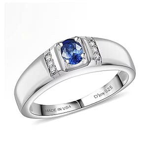 D'Joy Ceylon Blue Sapphire, Moissanite Men's Ring in Rhodium Over Sterling Silver 0.50 ctw (Size 13.0)