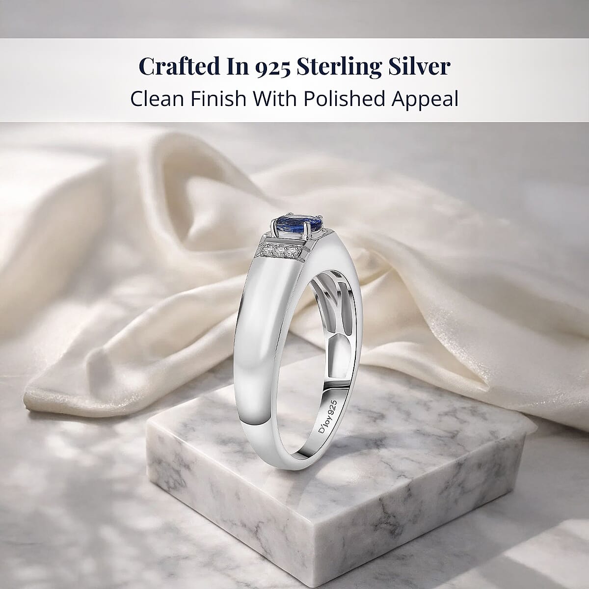 D'Joy Ceylon Blue Sapphire, Moissanite Men's Ring in Rhodium Over Sterling Silver 0.50 ctw (Size 14.0) image number 2