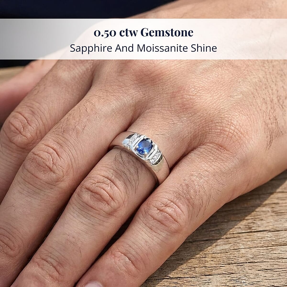 D'Joy Ceylon Blue Sapphire, Moissanite Men's Ring in Rhodium Over Sterling Silver 0.50 ctw (Size 9.0) image number 1