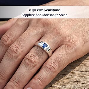 D'Joy Ceylon Blue Sapphire, Moissanite Men's Ring in Rhodium Over Sterling Silver 0.50 ctw (Size 9.0)