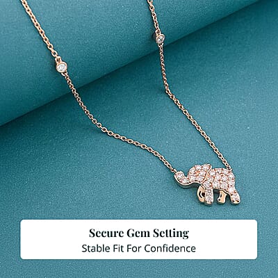 Luxuriant Lab Grown Pink (IR) and White Diamond (SI) 1.00 ctw Elephant Necklace in 18K Vermeil Rose Gold Over Sterling Silver 18-20 Inches