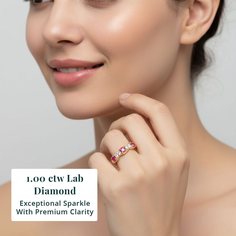 Luxuriant Lab Grown Diamond (VS), Lab Grown Ruby 1.00 ctw Ring in 18K Vermeil Yellow Gold Over Sterling Silver (Size 8.0)