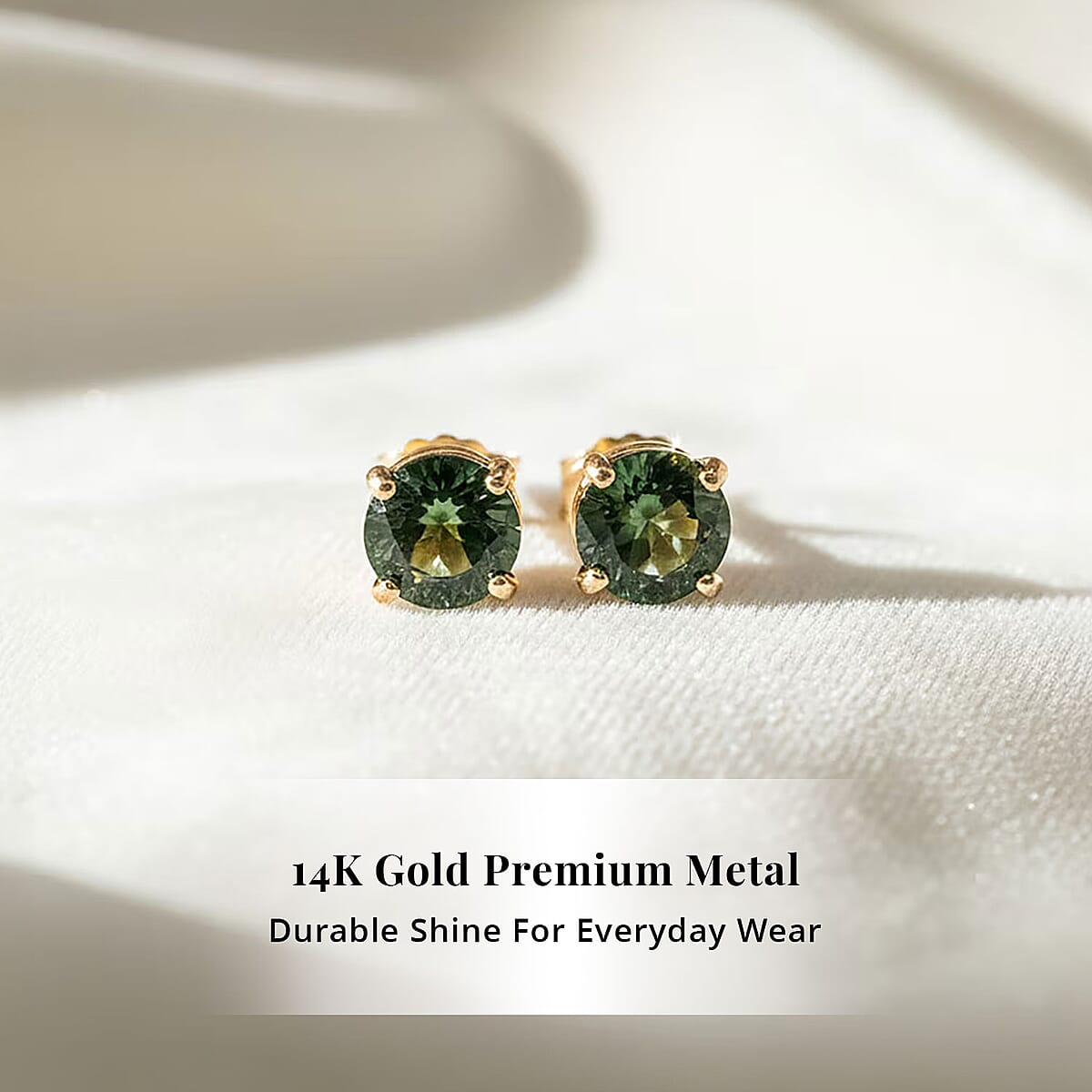  AAA Green Sapphire 1.10 ctw Screw Post Earrings in 14K Yellow Gold image number 2