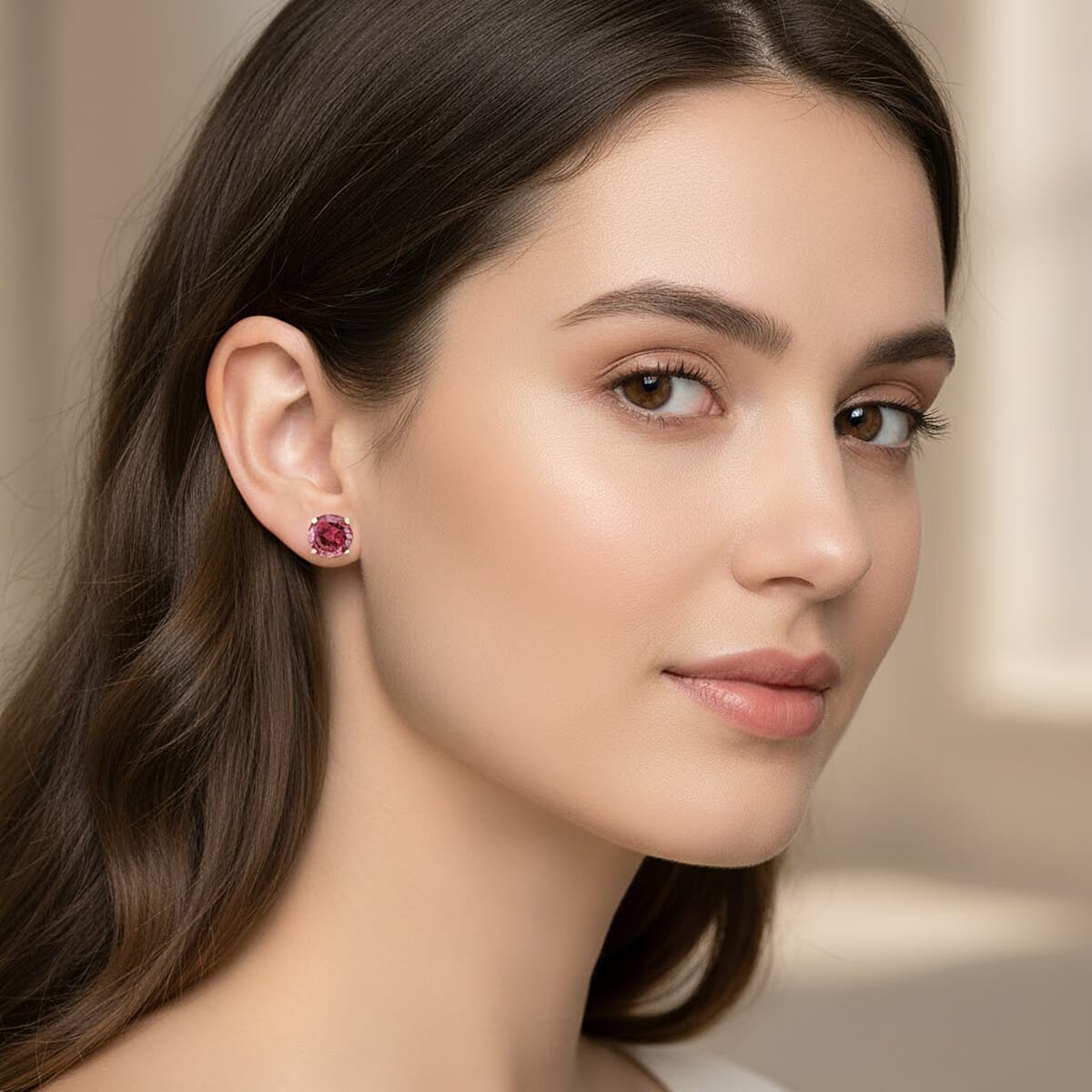 Doorbuster AAA Ouro Fino Rubellite 1.00 ctw Screw Post Earrings in 14K Yellow Gold  image number 2