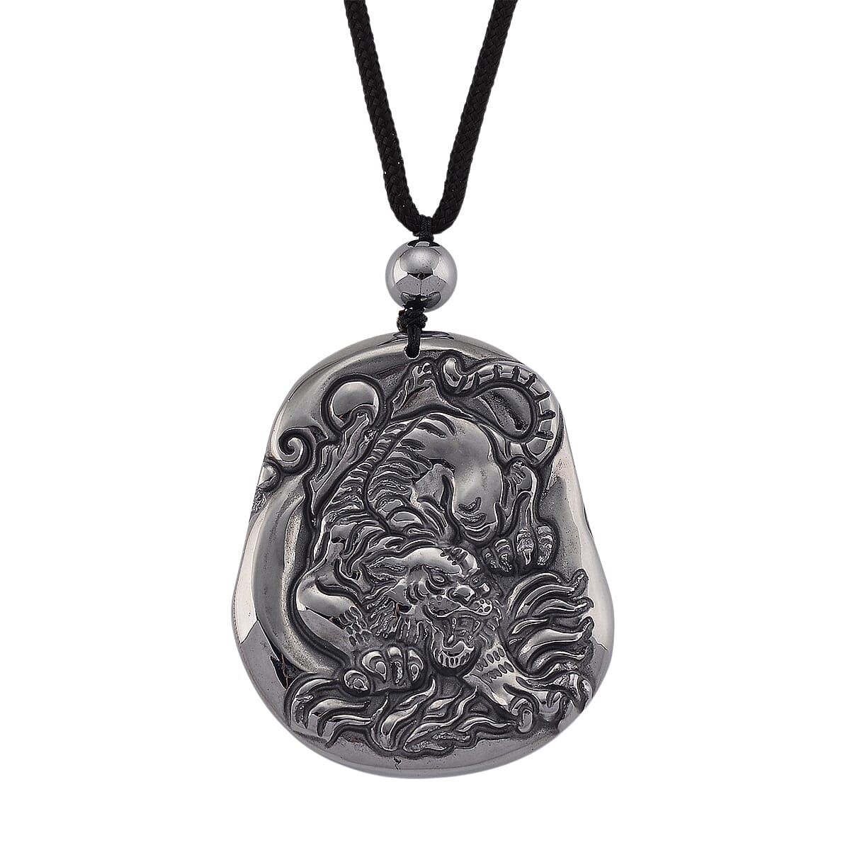 Doorbuster Terahertz 130.00 ctw Carved Tiger Pendant with Black Cord in Necklace 28 Inches image number 0