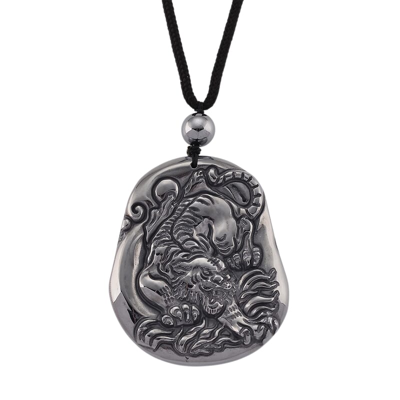 Terahertz 130.00 ctw Carved Tiger Pendant with Black Cord in Necklace 28 Inches