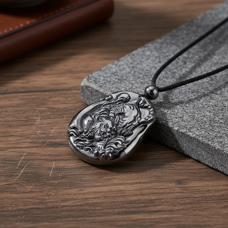 Terahertz 130.00 ctw Carved Tiger Pendant with Black Cord in Necklace 28 Inches