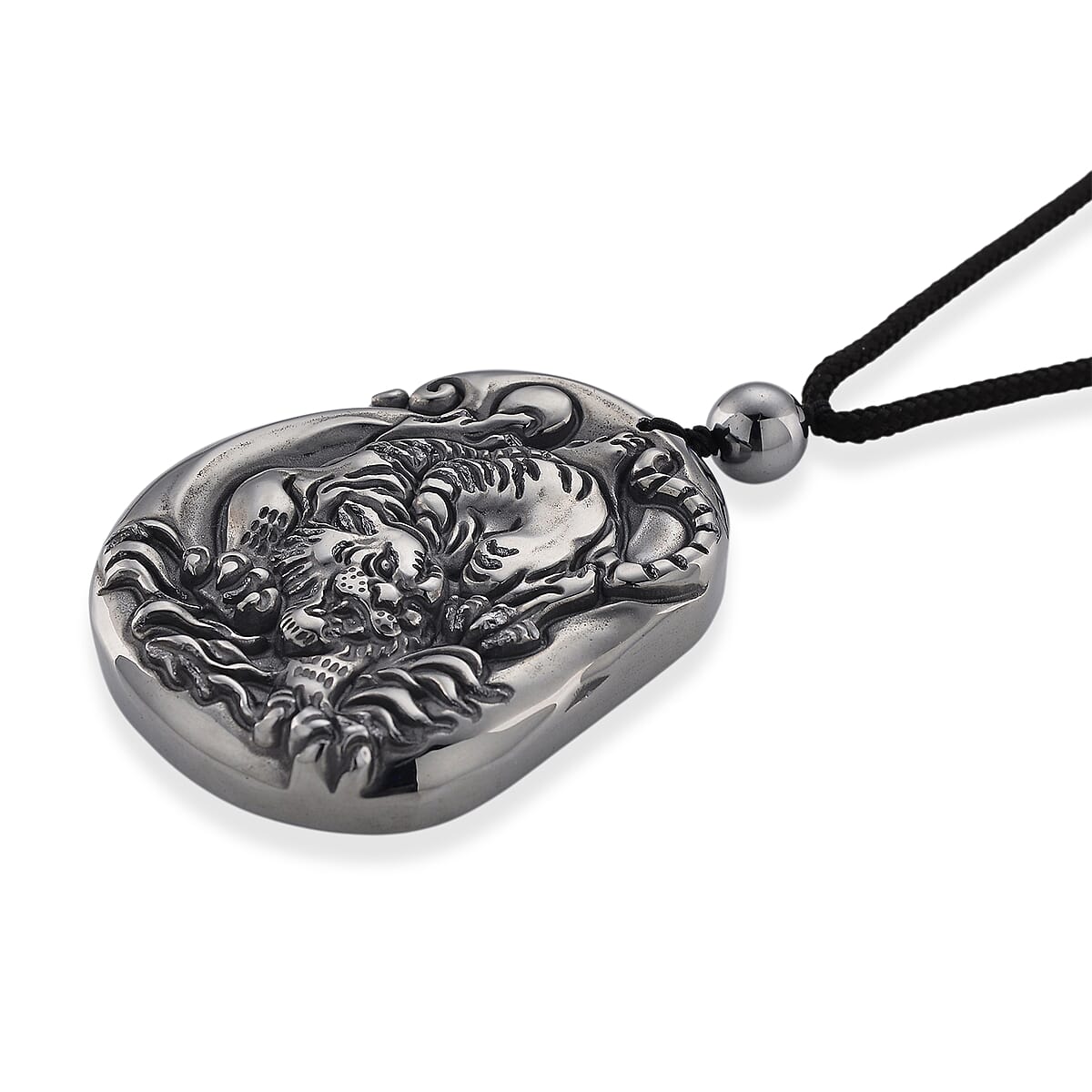 Doorbuster Terahertz 130.00 ctw Carved Tiger Pendant with Black Cord in Necklace 28 Inches image number 3