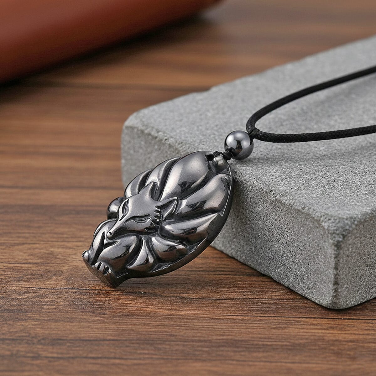 Doorbuster Terahertz 95.00 ctw Carved Fox Pendant with Black Cord in Necklace 28 Inches image number 1