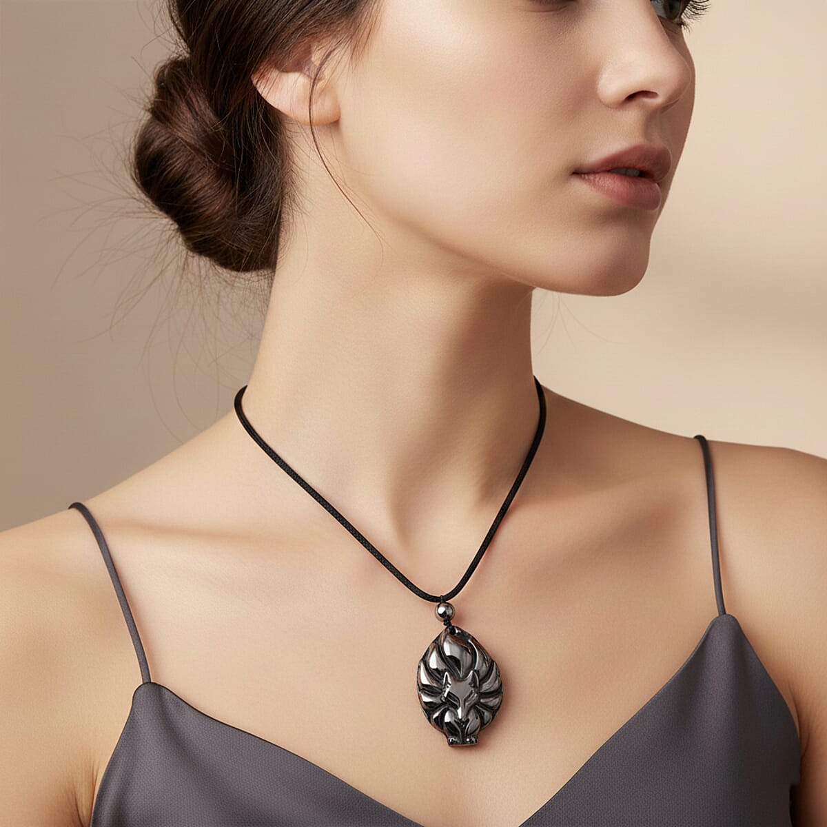 Doorbuster Terahertz 95.00 ctw Carved Fox Pendant with Black Cord in Necklace 28 Inches image number 2