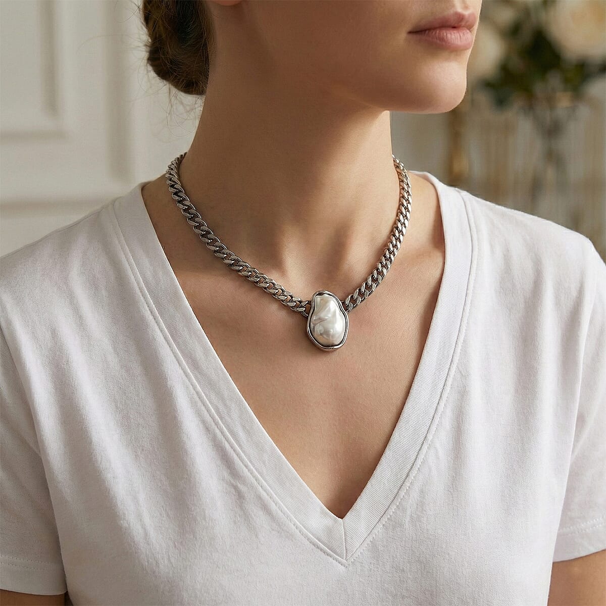 White Shell Pearl Necklace (20-22 Inches) in Stainless Steel image number 2