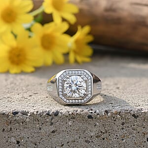 D'Joy Moissanite Halo Men's Ring in Rhodium Over Sterling Silver 2.00 ctw (Size 12.0)