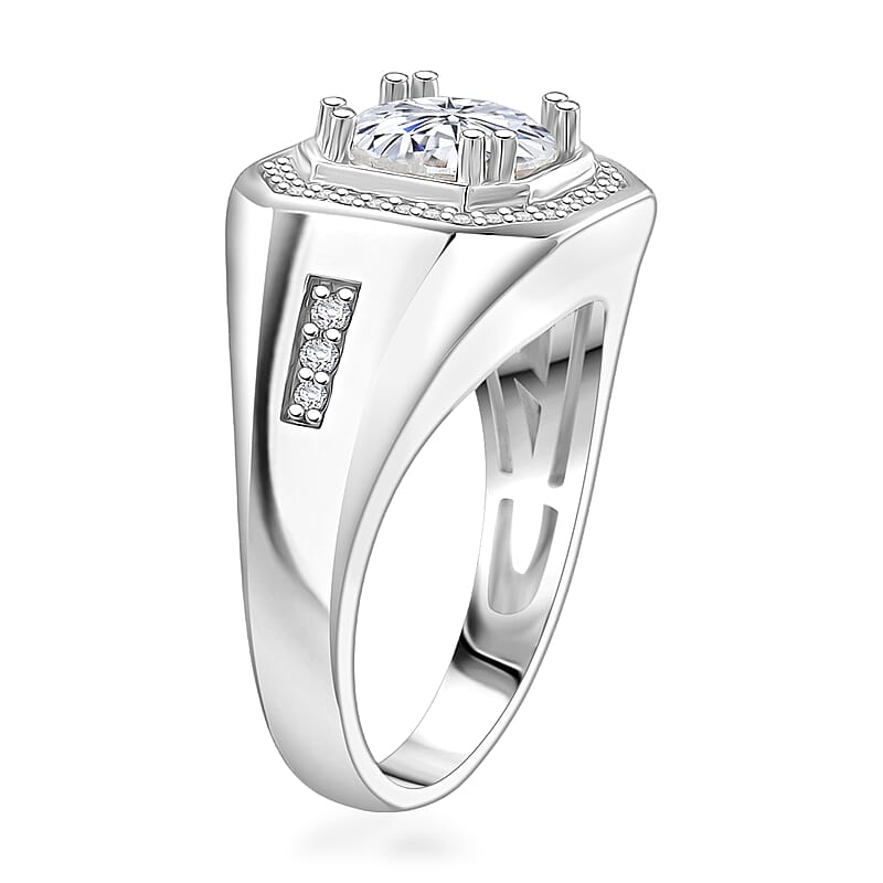 D'Joy Moissanite Halo Men's Ring in Rhodium Over Sterling Silver 2.00 ctw (Size 14.0)