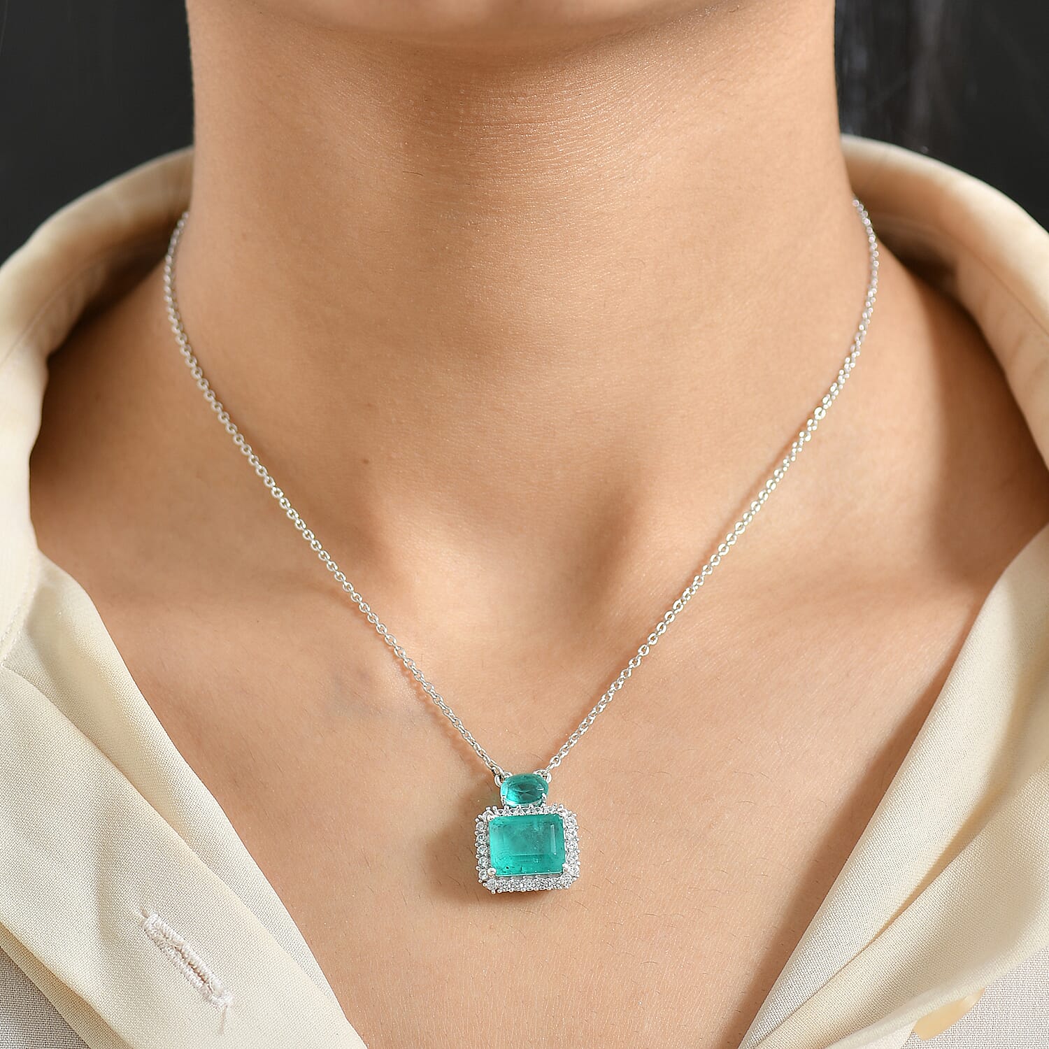 D'Joy Emeraldine Quartz (Triplet) and White Zircon 7.00 ctw Necklace in Platinum Over Sterling Silver 20 Inches