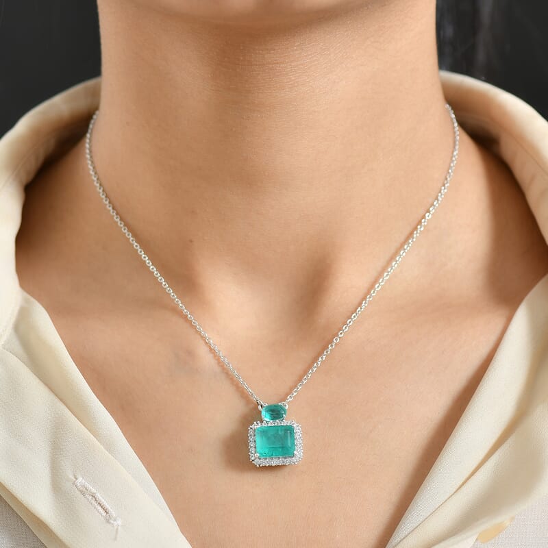 D'Joy Emeraldine Quartz (Triplet) and White Zircon 7.00 ctw Necklace in Platinum Over Sterling Silver 20 Inches