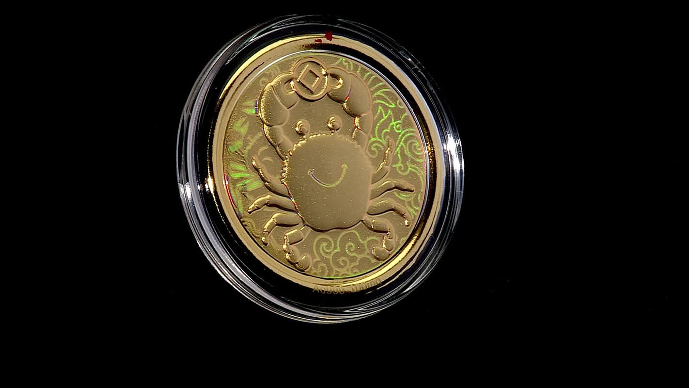 24K Yellow Golden Fortune Crab Zodiac Coin Bar with Rainbow Line 100mg