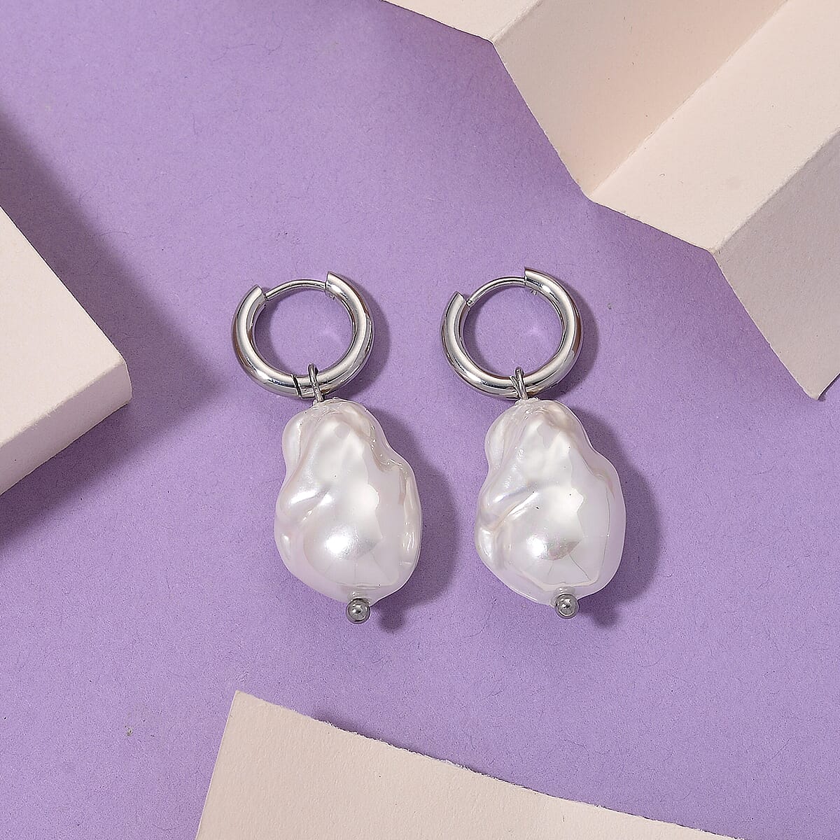 White Shell Pearl Earrings in Stainless Steel image number 1