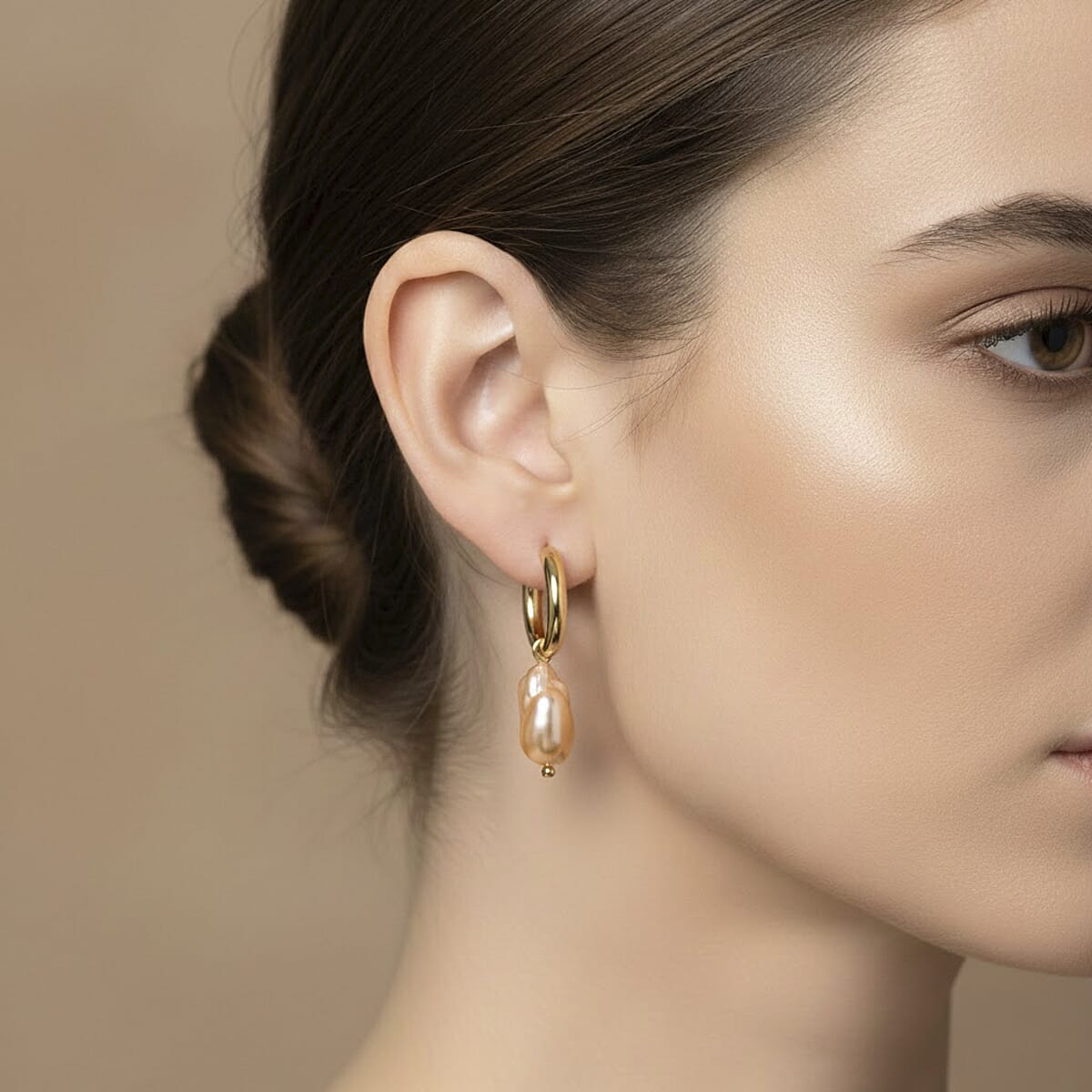 Golden Shell Pearl Earrings in ION Plated YG Stainless Steel image number 2