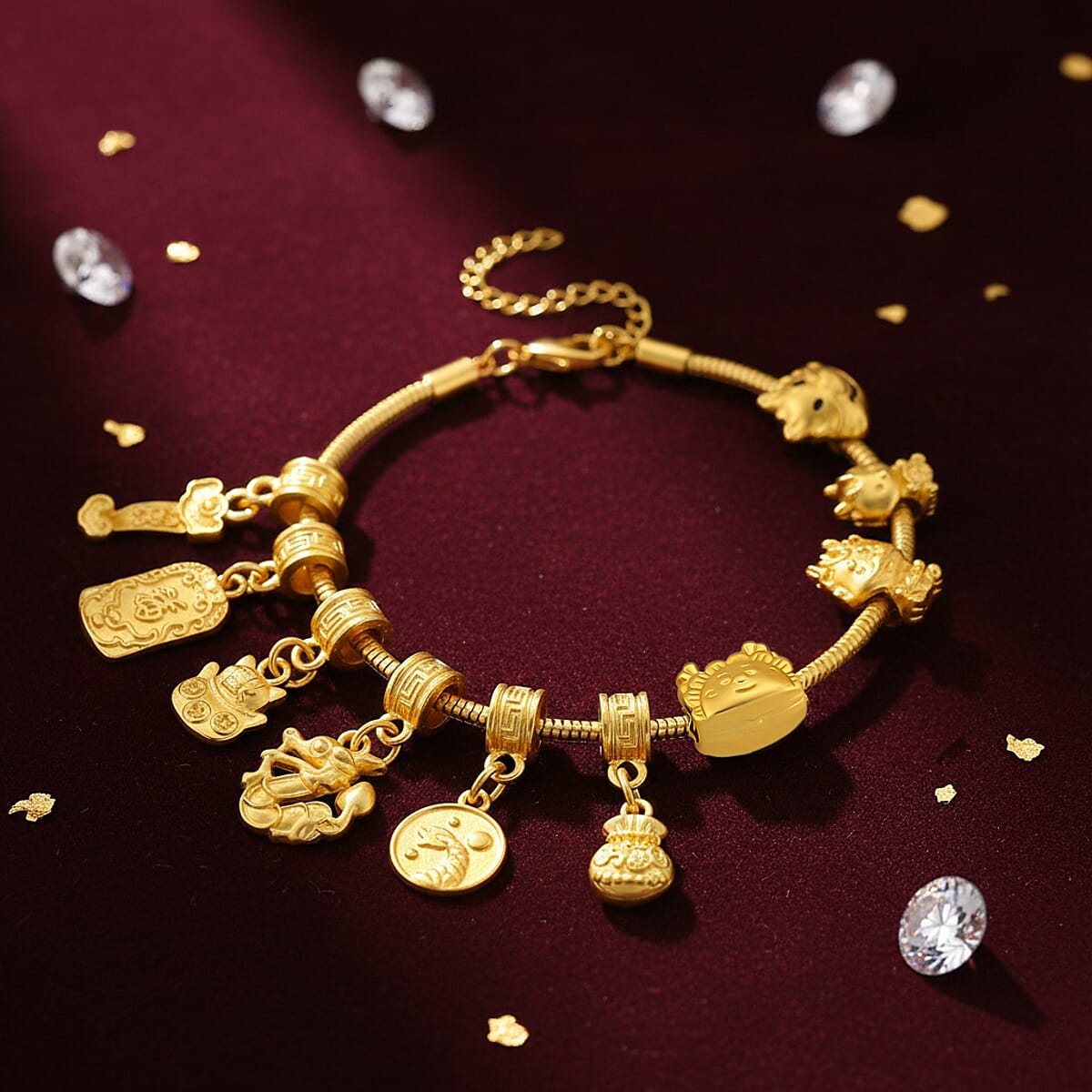 10 Chinese Symbol Charms Bracelet in Goldtone (7.5-9.5In) image number 1