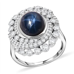 D'Joy Blue Star Sapphire (DF) and Moissanite 7.65 ctw Midnight Galaxy Ring in Rhodium Over Sterling Silver (Size 10.0)