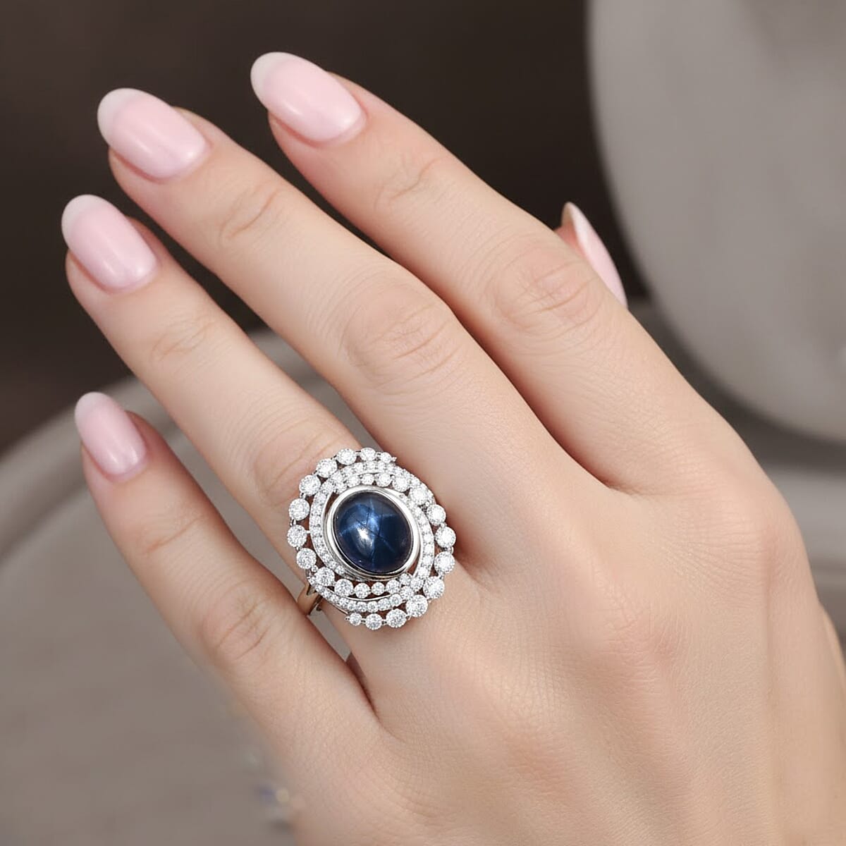 D'Joy Blue Star Sapphire (DF) and Moissanite 7.65 ctw Midnight Galaxy Ring in Rhodium Over Sterling Silver (Size 10.0) image number 2