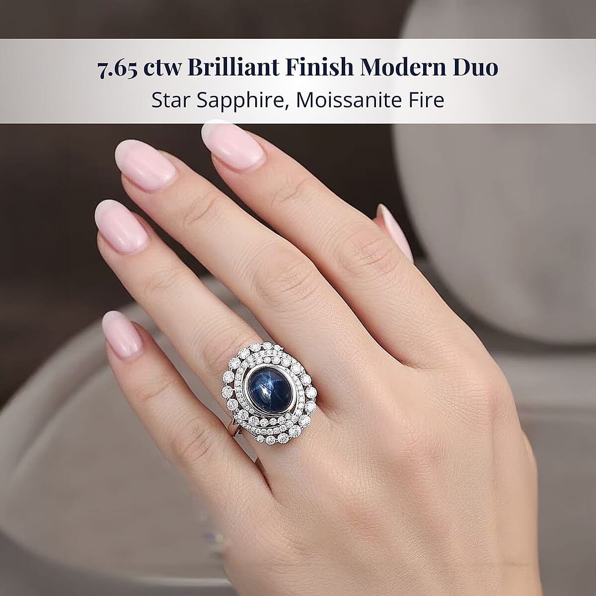 D'Joy Blue Star Sapphire (DF) and Moissanite 7.65 ctw Midnight Galaxy Ring in Rhodium Over Sterling Silver (Size 6.0) image number 1